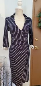 Blue and white striped wrap dress